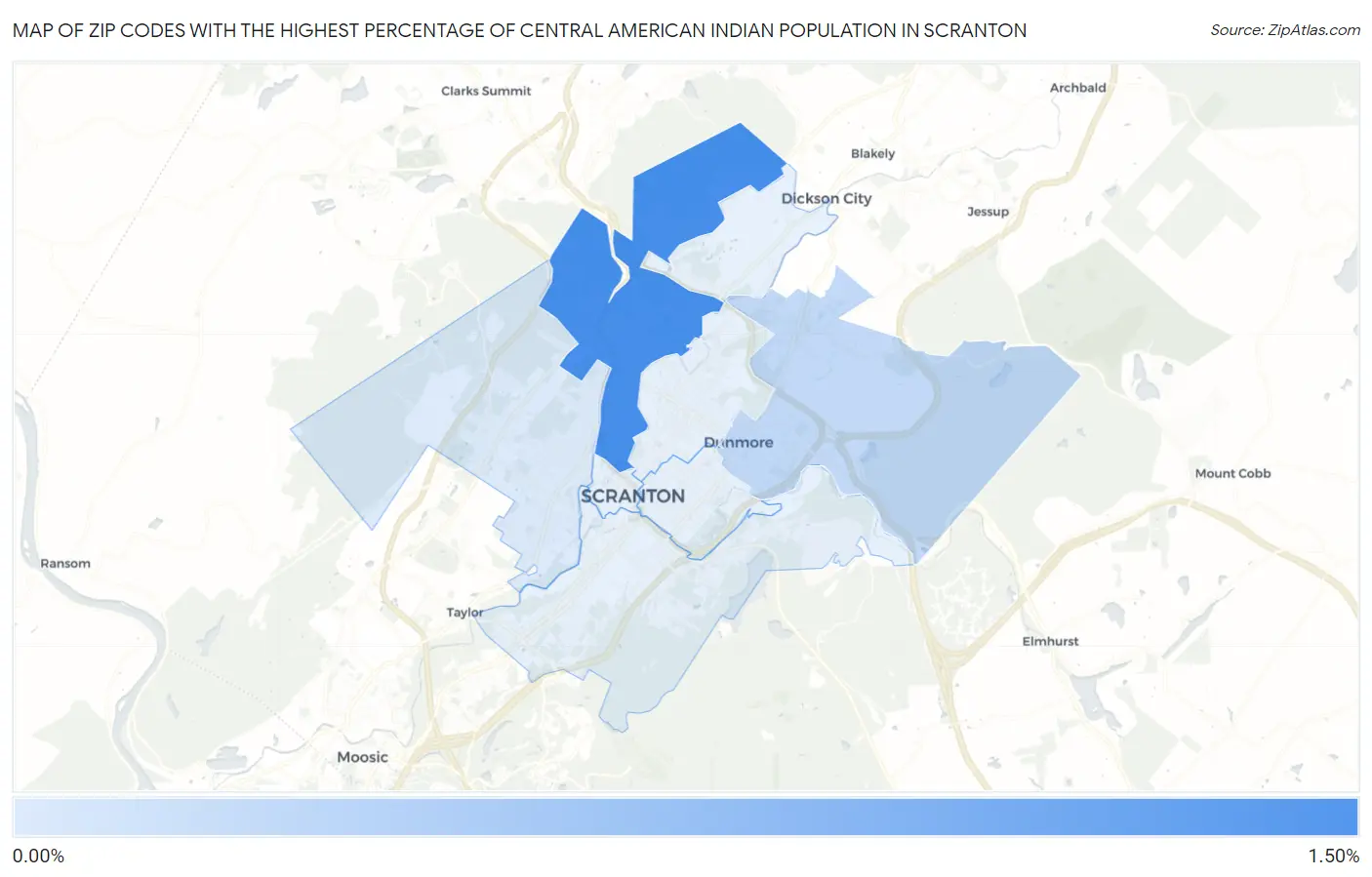 Zip Codes with the Highest Percentage of Central American Indian Population in Scranton Map