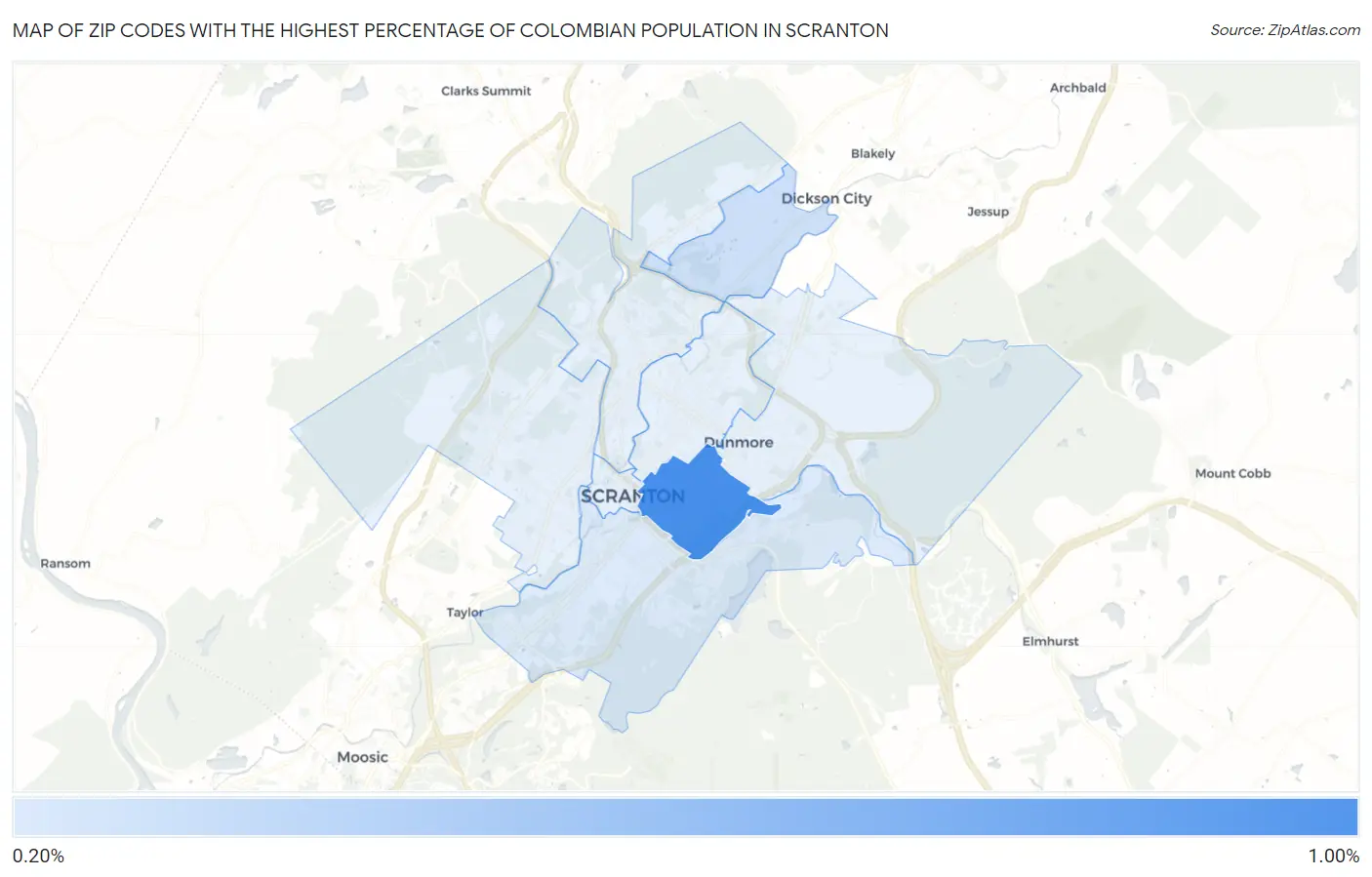 Zip Codes with the Highest Percentage of Colombian Population in Scranton Map