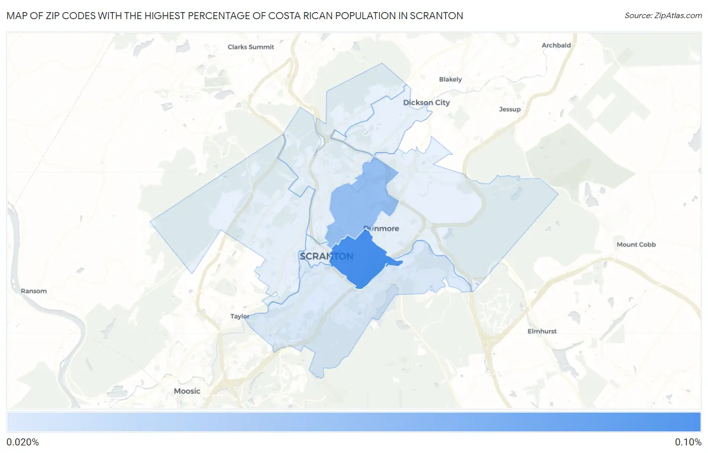 Zip Codes with the Highest Percentage of Costa Rican Population in Scranton Map