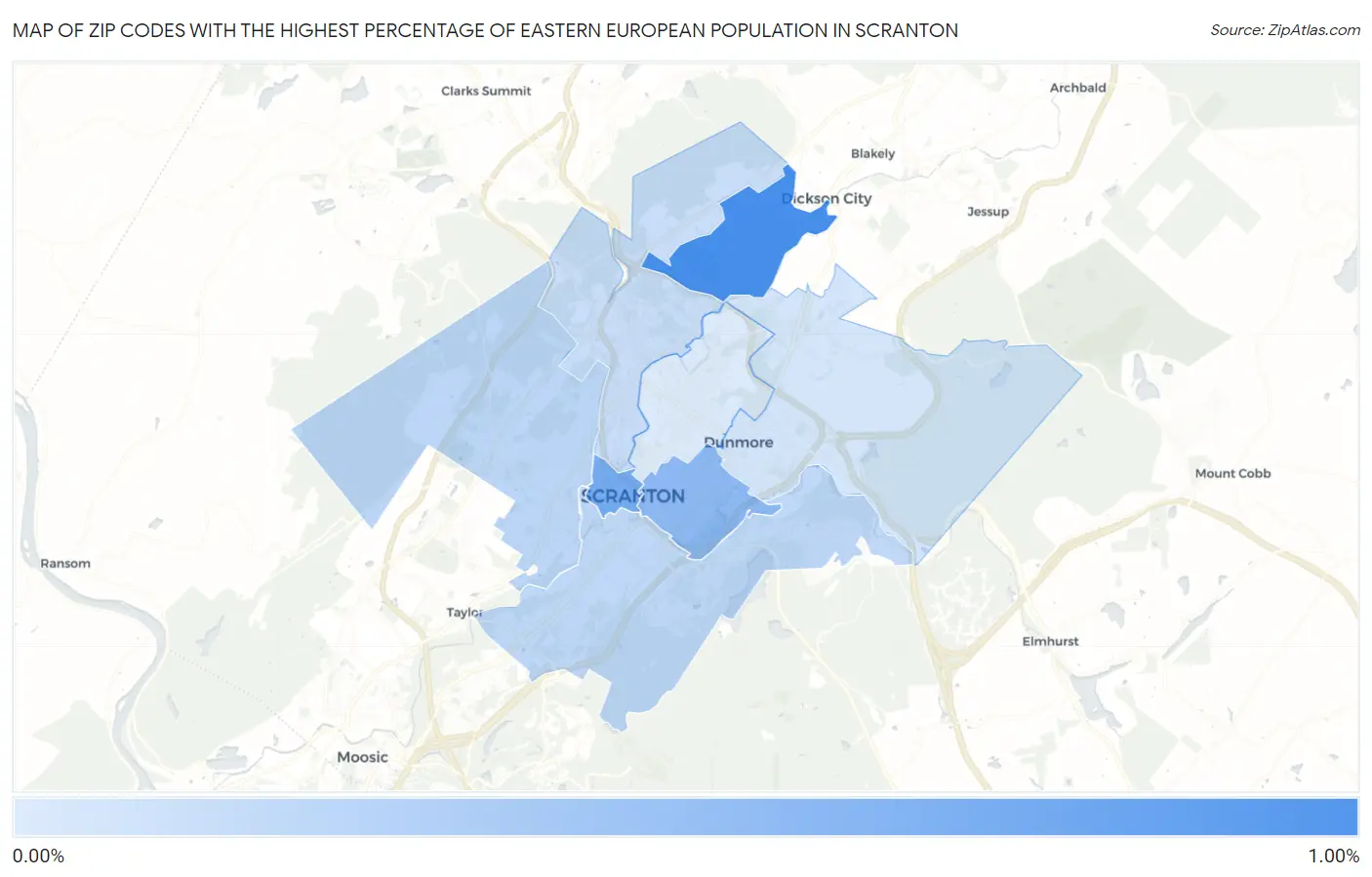 Zip Codes with the Highest Percentage of Eastern European Population in Scranton Map