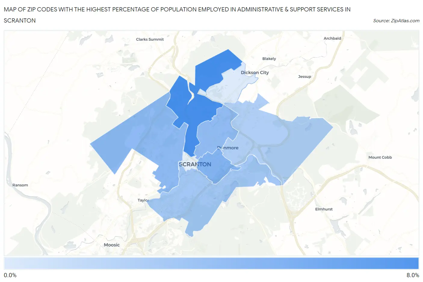 Zip Codes with the Highest Percentage of Population Employed in Administrative & Support Services in Scranton Map