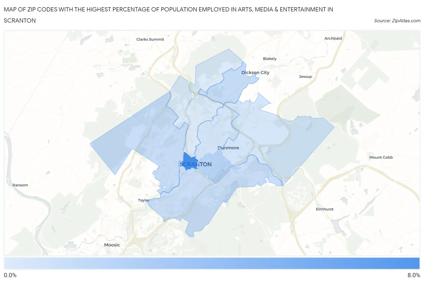 Zip Codes with the Highest Percentage of Population Employed in Arts, Media & Entertainment in Scranton Map