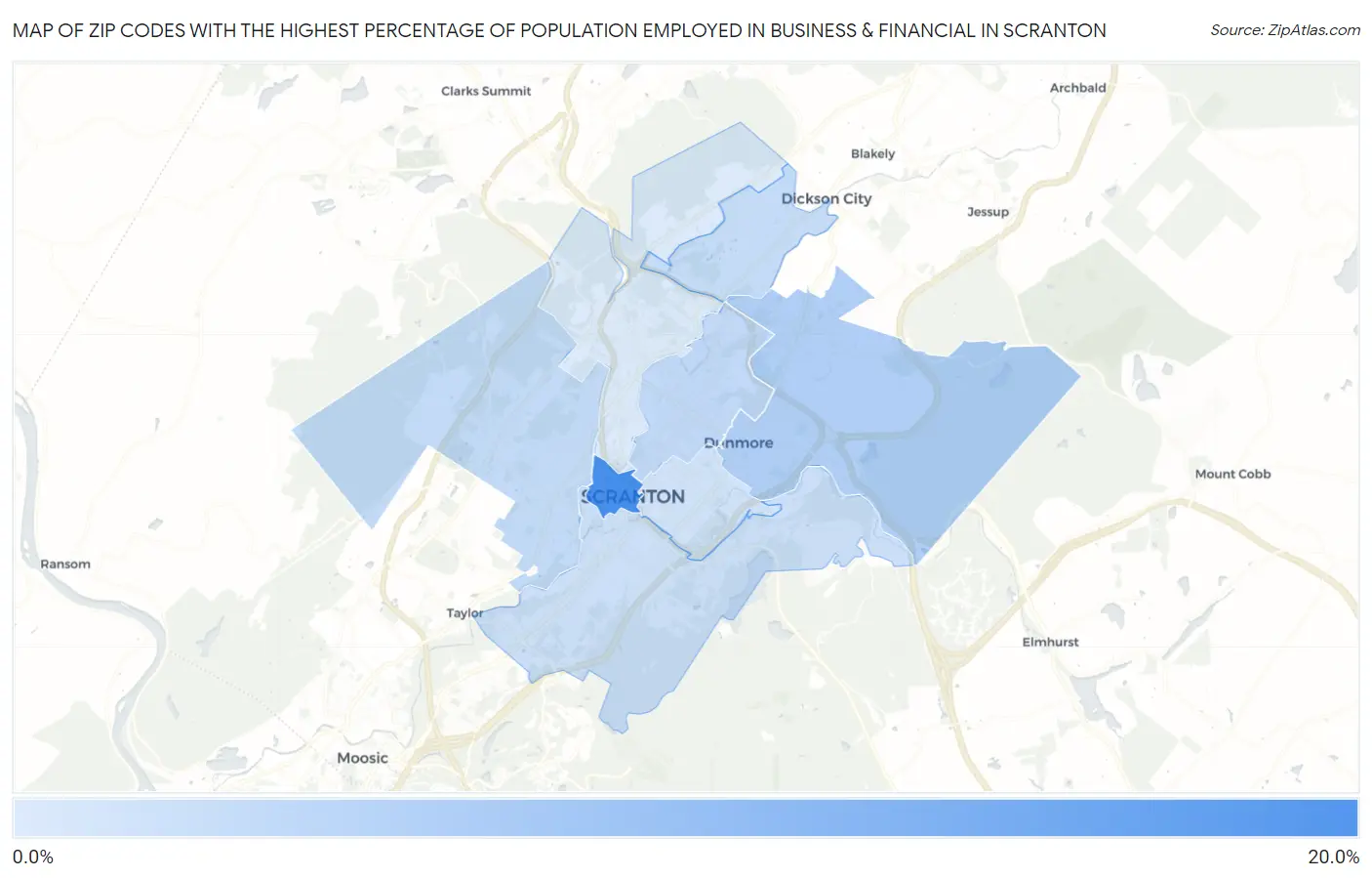 Zip Codes with the Highest Percentage of Population Employed in Business & Financial in Scranton Map