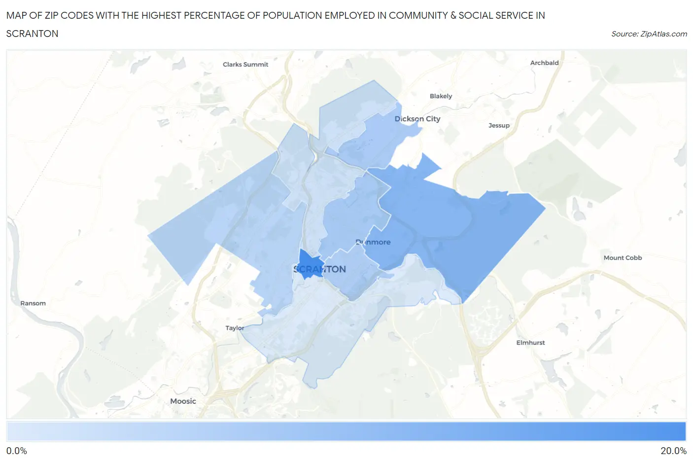 Zip Codes with the Highest Percentage of Population Employed in Community & Social Service  in Scranton Map