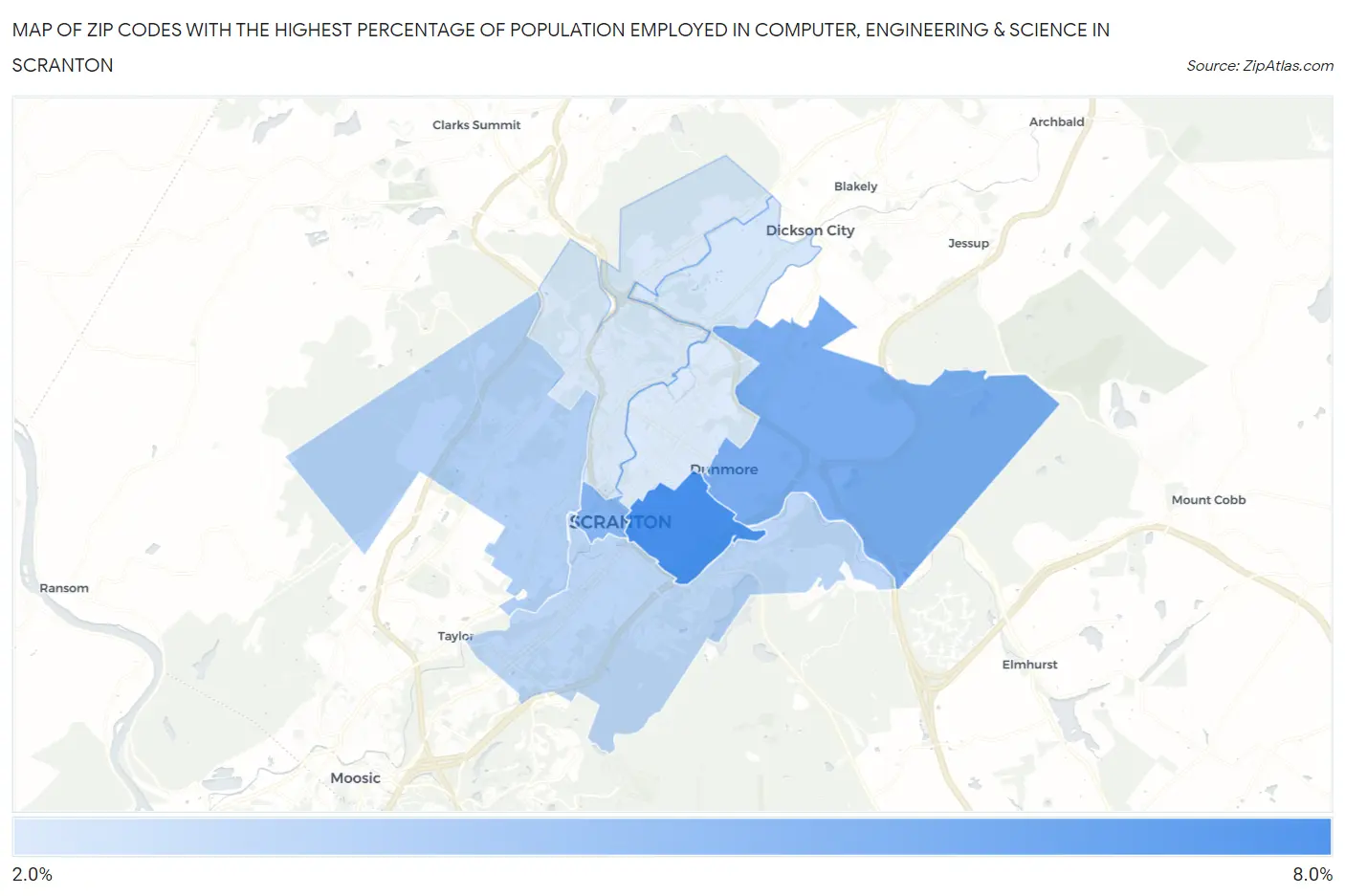 Zip Codes with the Highest Percentage of Population Employed in Computer, Engineering & Science in Scranton Map