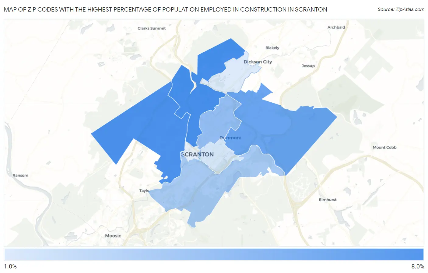 Zip Codes with the Highest Percentage of Population Employed in Construction in Scranton Map