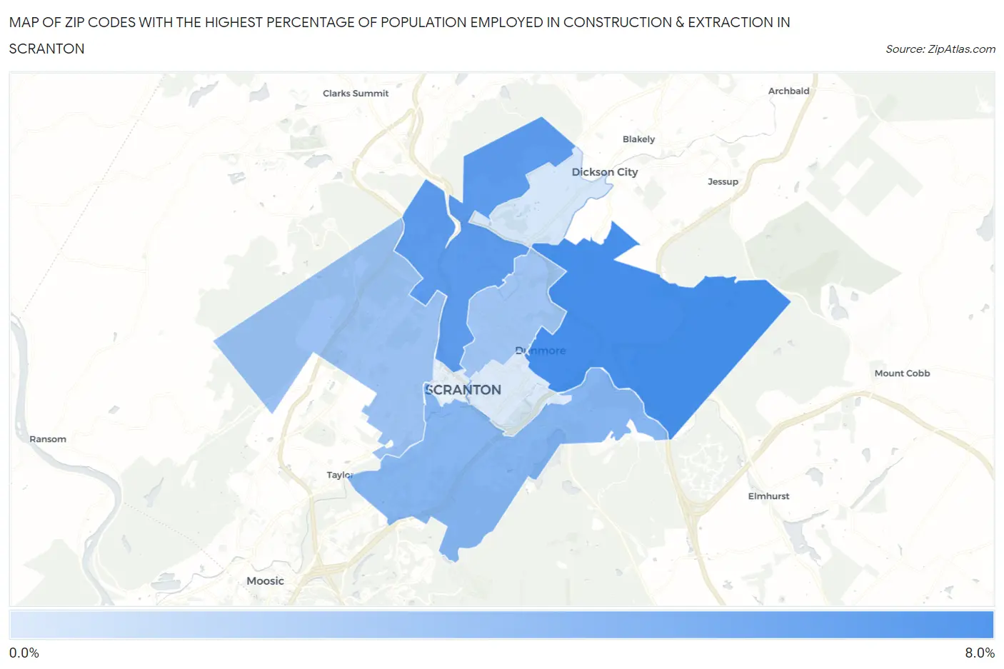 Zip Codes with the Highest Percentage of Population Employed in Construction & Extraction in Scranton Map