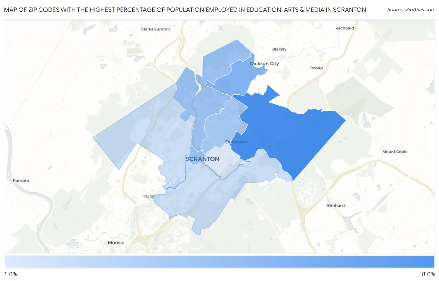 Zip Codes with the Highest Percentage of Population Employed in Education, Arts & Media in Scranton Map