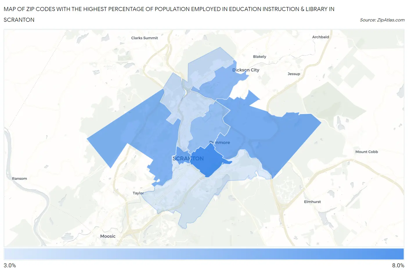 Zip Codes with the Highest Percentage of Population Employed in Education Instruction & Library in Scranton Map