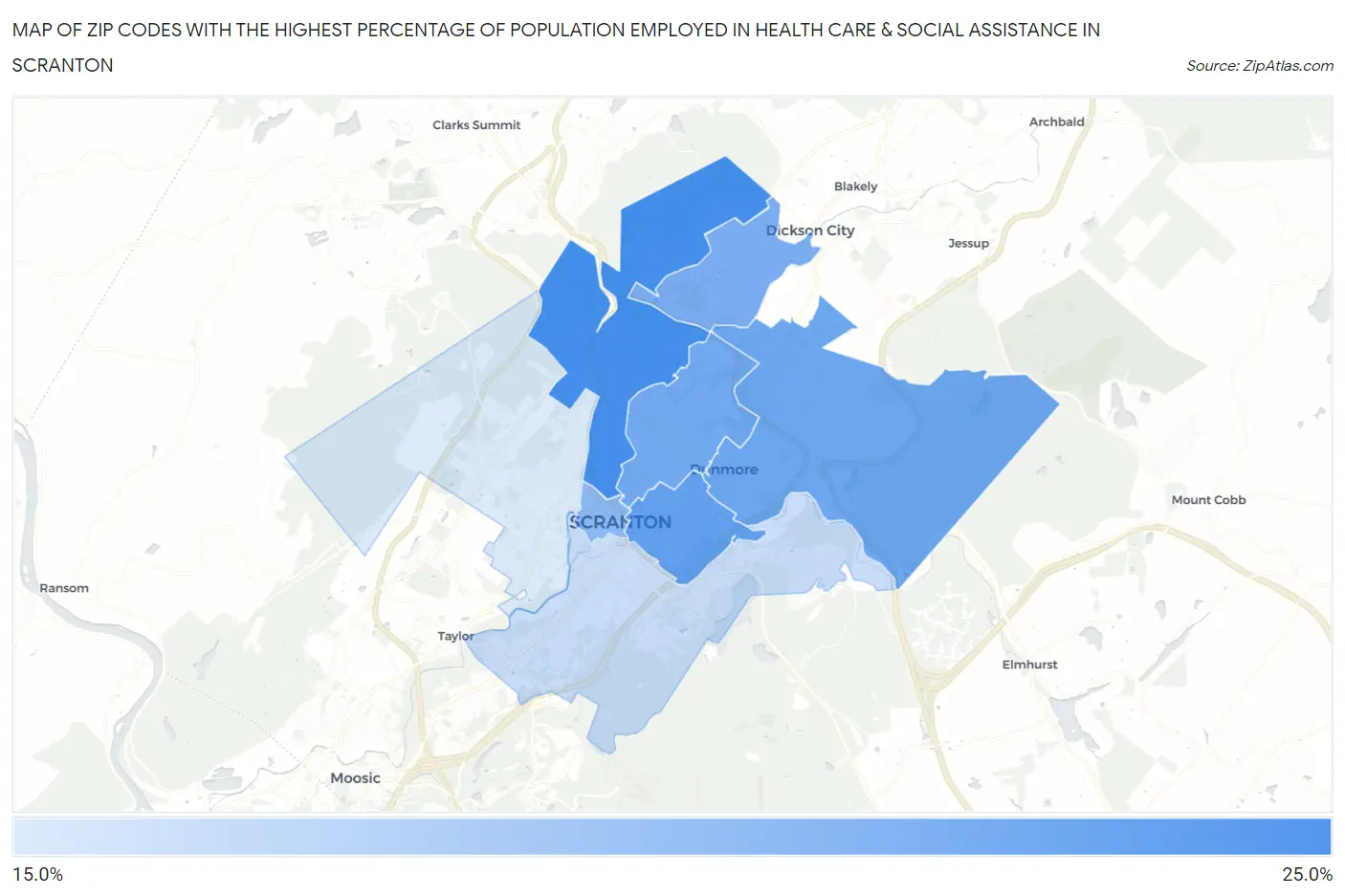 Zip Codes with the Highest Percentage of Population Employed in Health Care & Social Assistance in Scranton Map