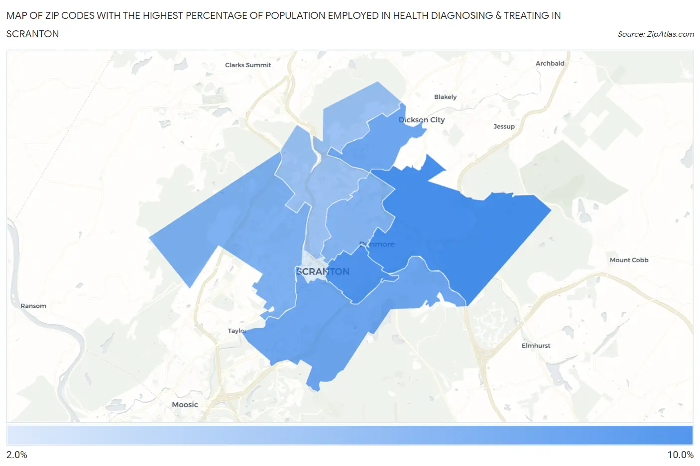 Zip Codes with the Highest Percentage of Population Employed in Health Diagnosing & Treating in Scranton Map