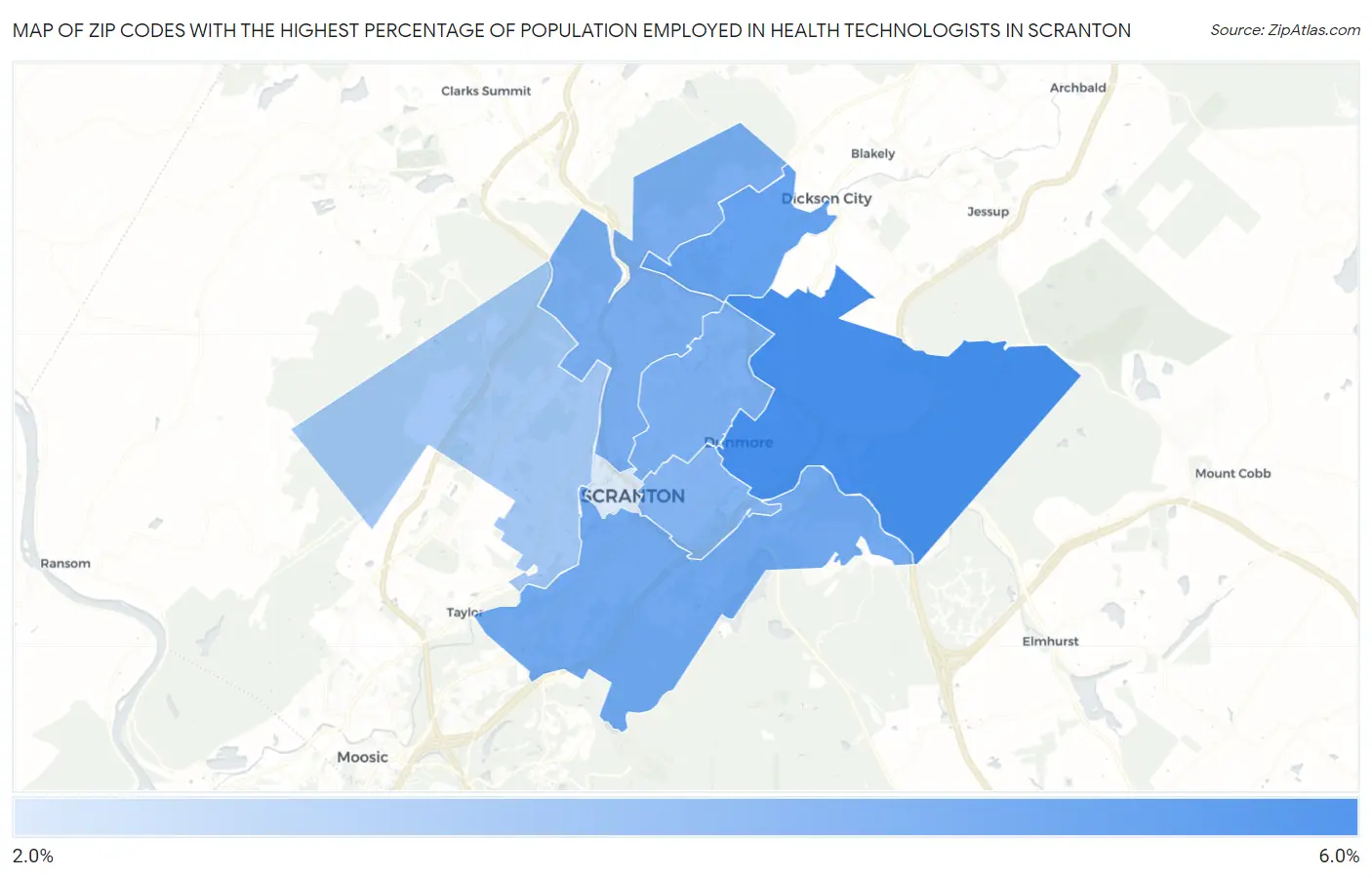 Zip Codes with the Highest Percentage of Population Employed in Health Technologists in Scranton Map