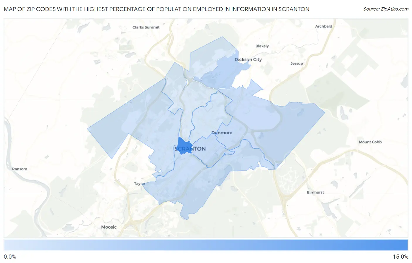 Zip Codes with the Highest Percentage of Population Employed in Information in Scranton Map