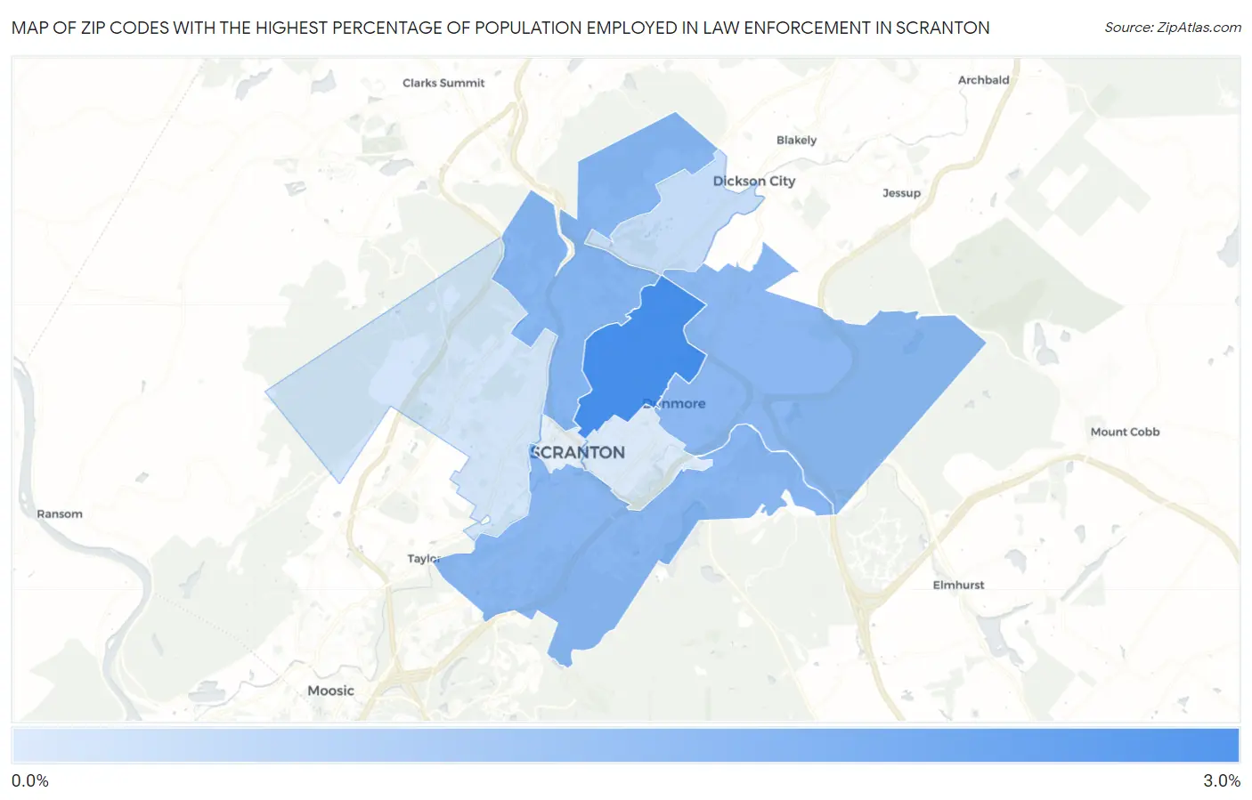 Zip Codes with the Highest Percentage of Population Employed in Law Enforcement in Scranton Map