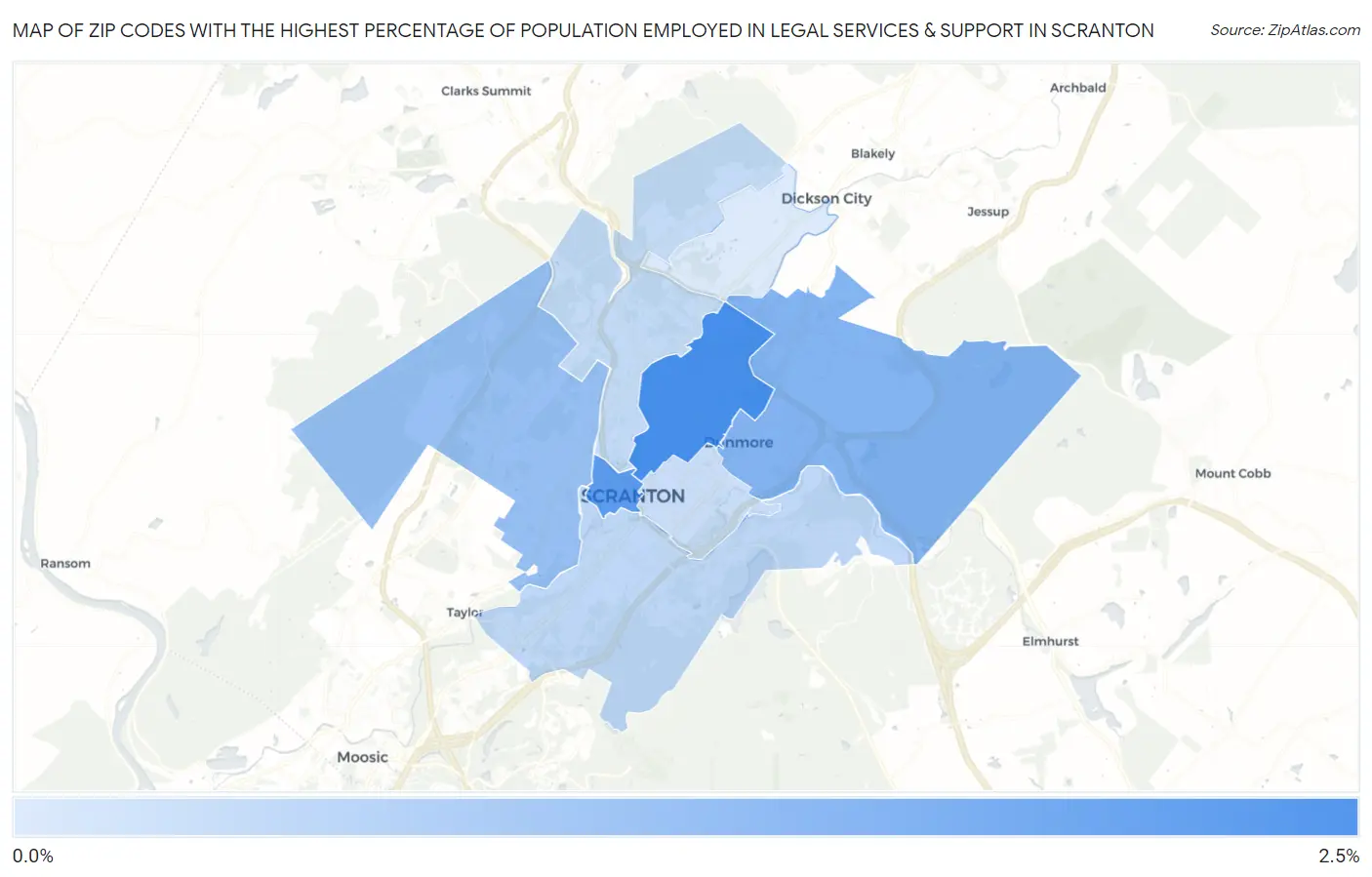 Zip Codes with the Highest Percentage of Population Employed in Legal Services & Support in Scranton Map