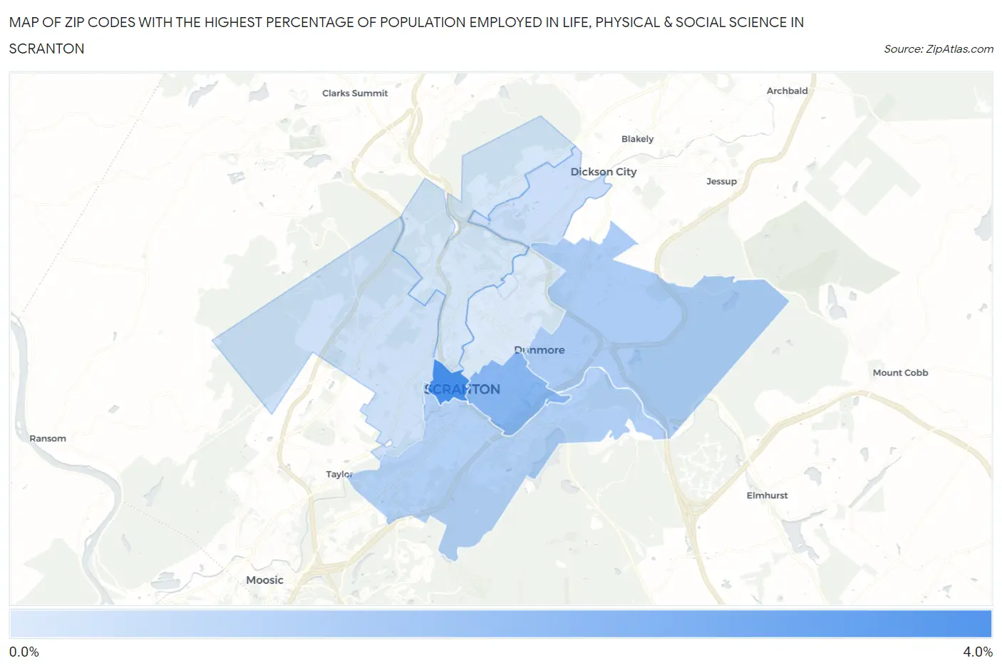 Zip Codes with the Highest Percentage of Population Employed in Life, Physical & Social Science in Scranton Map
