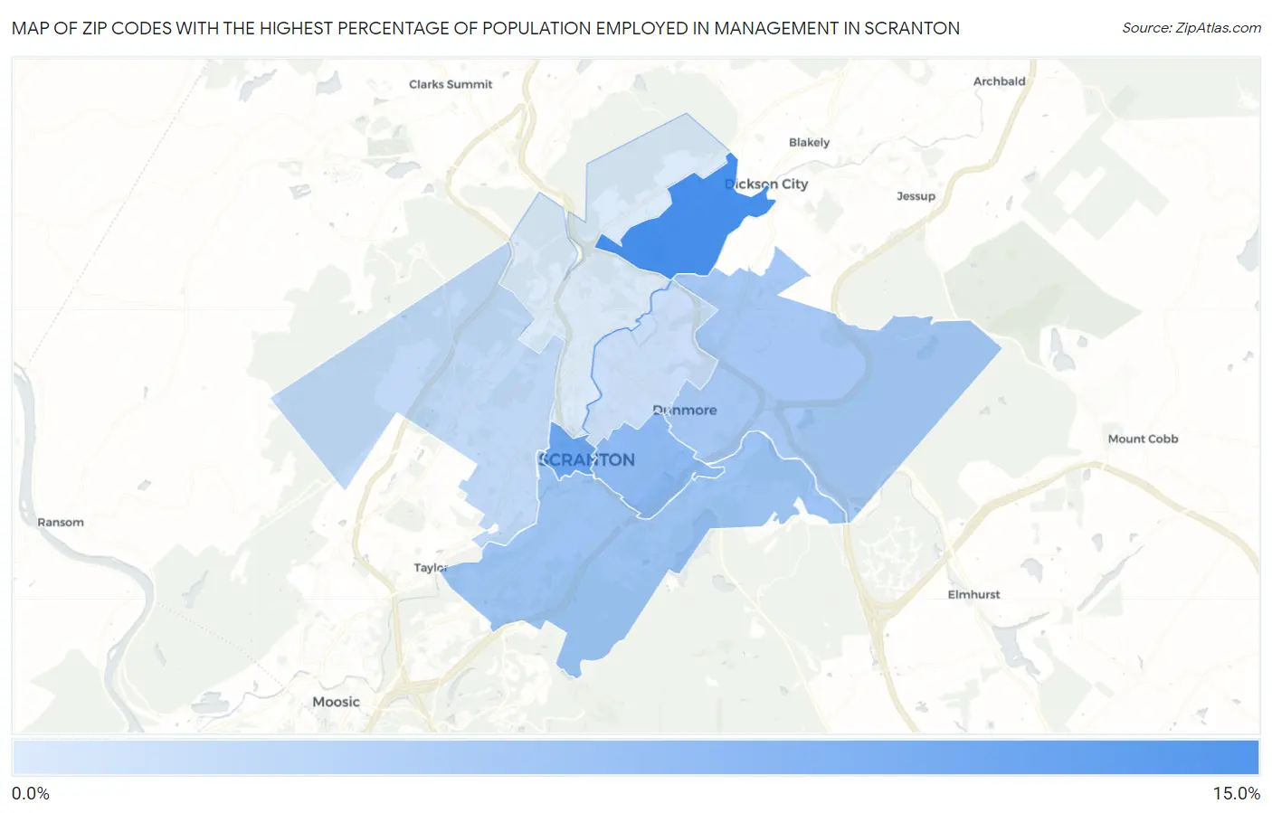 Zip Codes with the Highest Percentage of Population Employed in Management in Scranton Map
