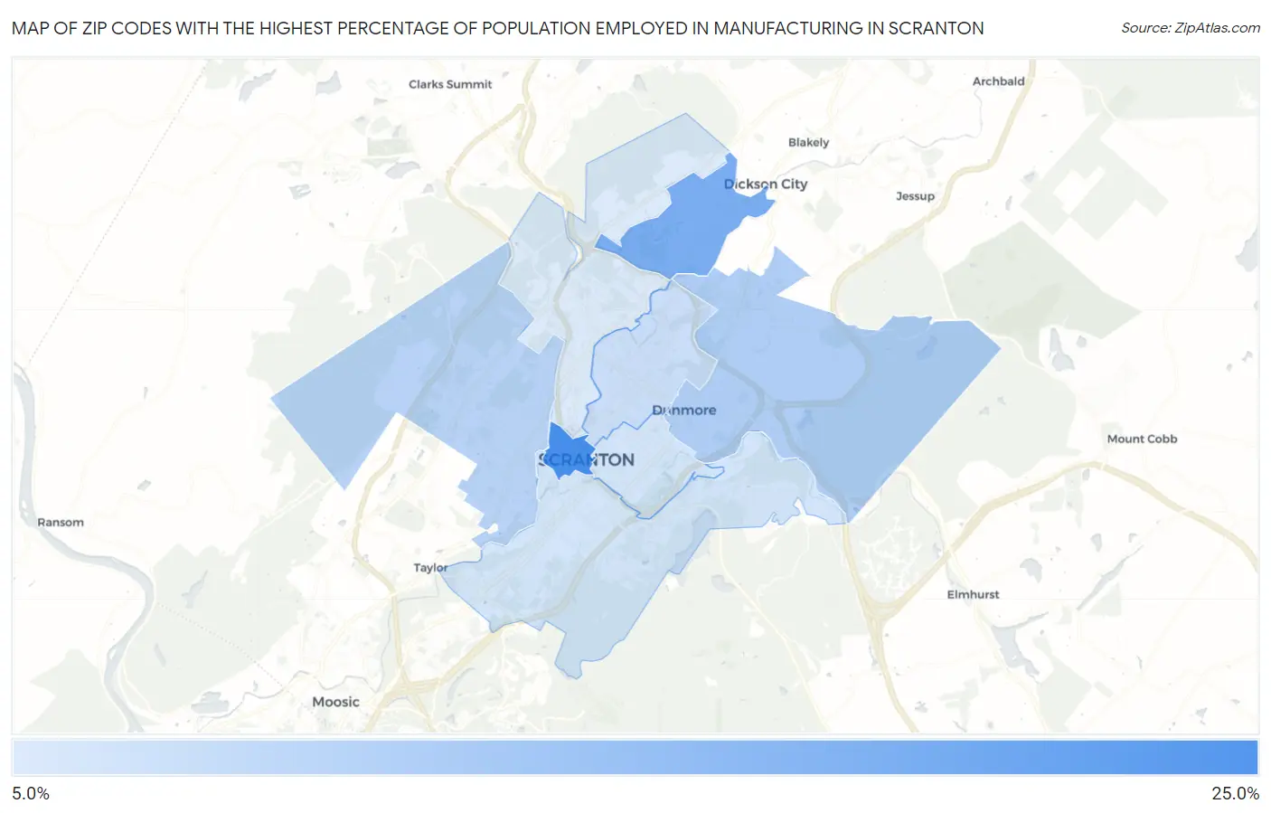 Zip Codes with the Highest Percentage of Population Employed in Manufacturing in Scranton Map