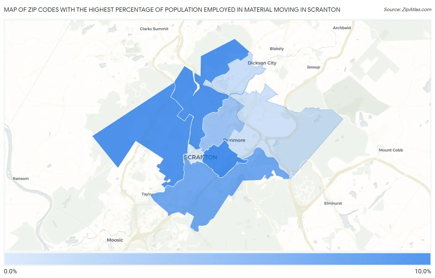 Zip Codes with the Highest Percentage of Population Employed in Material Moving in Scranton Map