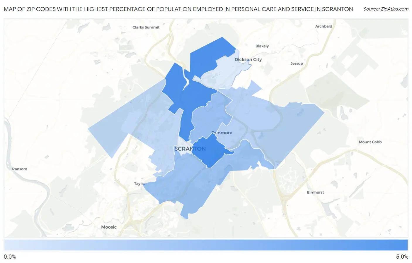 Zip Codes with the Highest Percentage of Population Employed in Personal Care and Service in Scranton Map