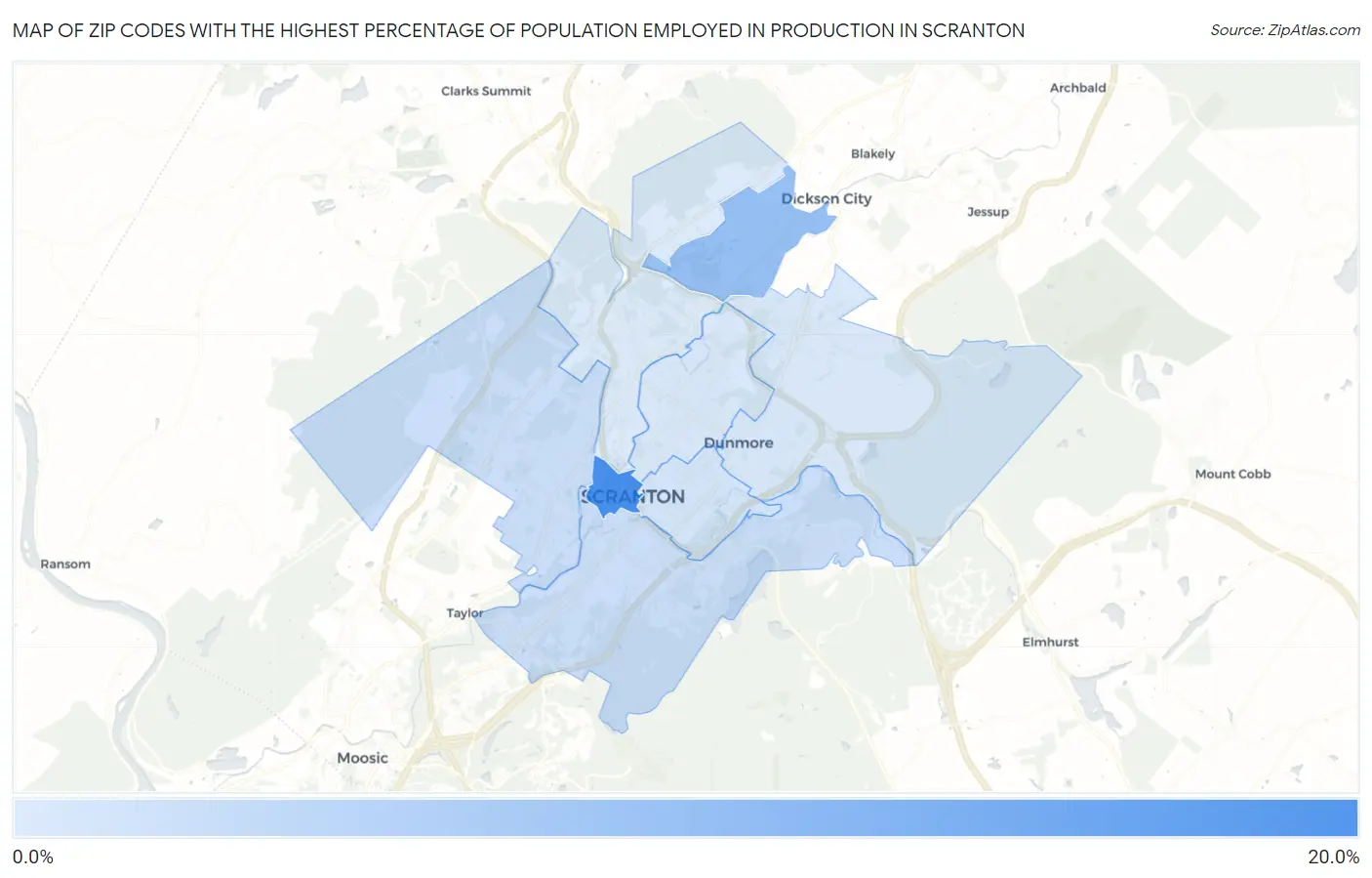 Zip Codes with the Highest Percentage of Population Employed in Production in Scranton Map