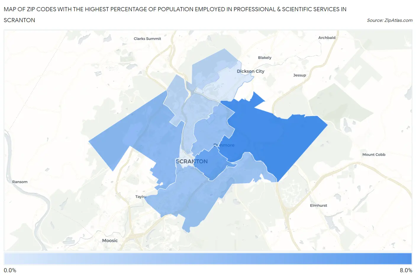 Zip Codes with the Highest Percentage of Population Employed in Professional & Scientific Services in Scranton Map