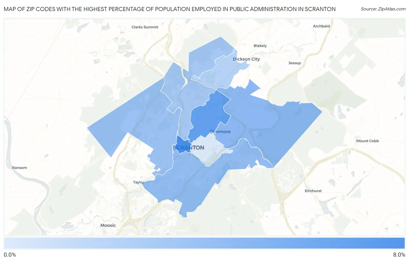 Zip Codes with the Highest Percentage of Population Employed in Public Administration in Scranton Map