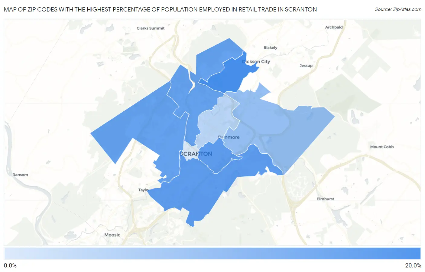 Zip Codes with the Highest Percentage of Population Employed in Retail Trade in Scranton Map