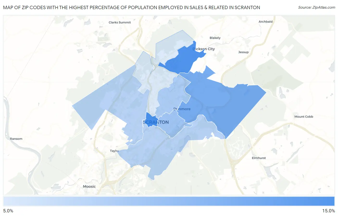 Zip Codes with the Highest Percentage of Population Employed in Sales & Related in Scranton Map