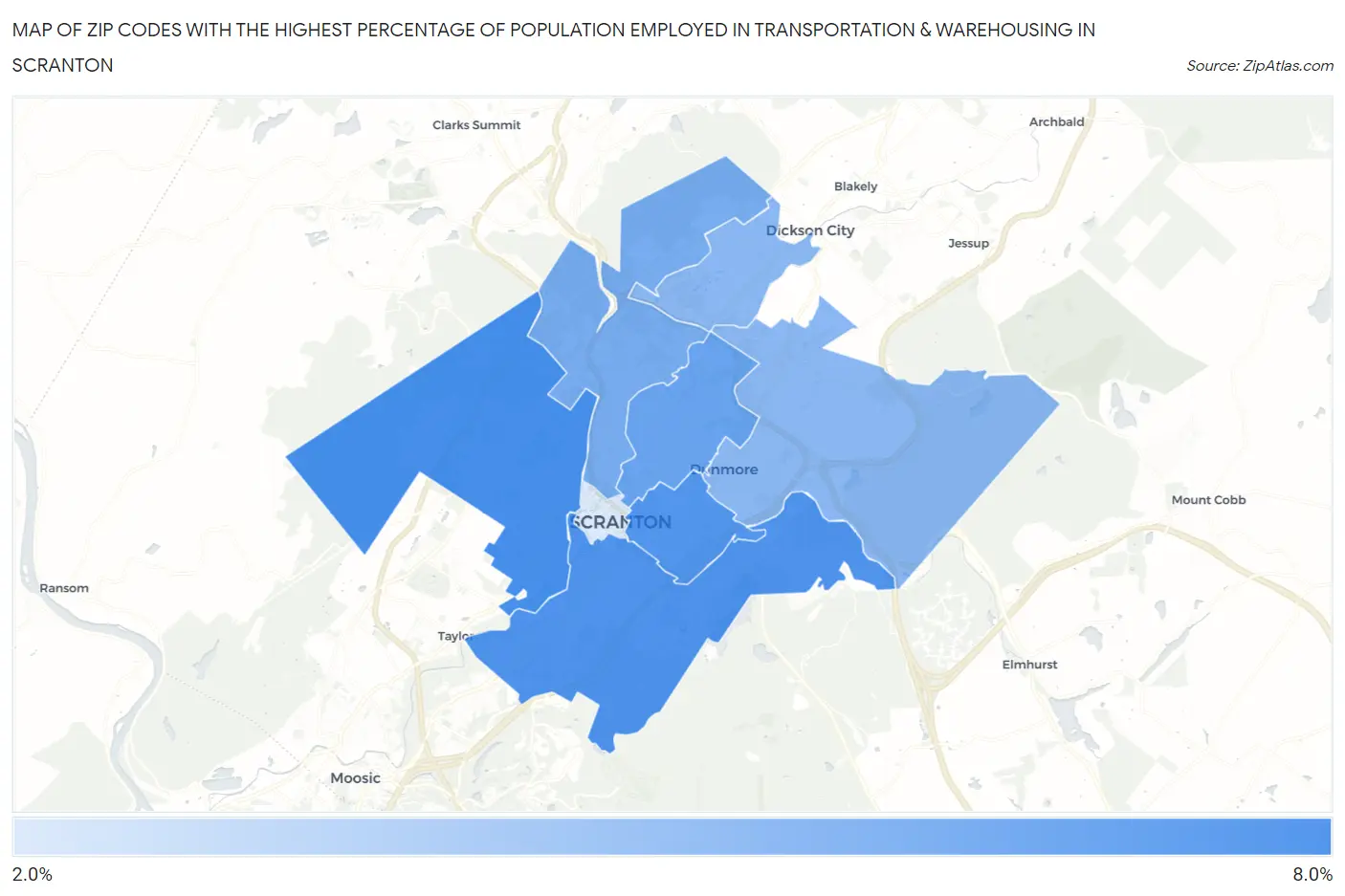 Zip Codes with the Highest Percentage of Population Employed in Transportation & Warehousing in Scranton Map