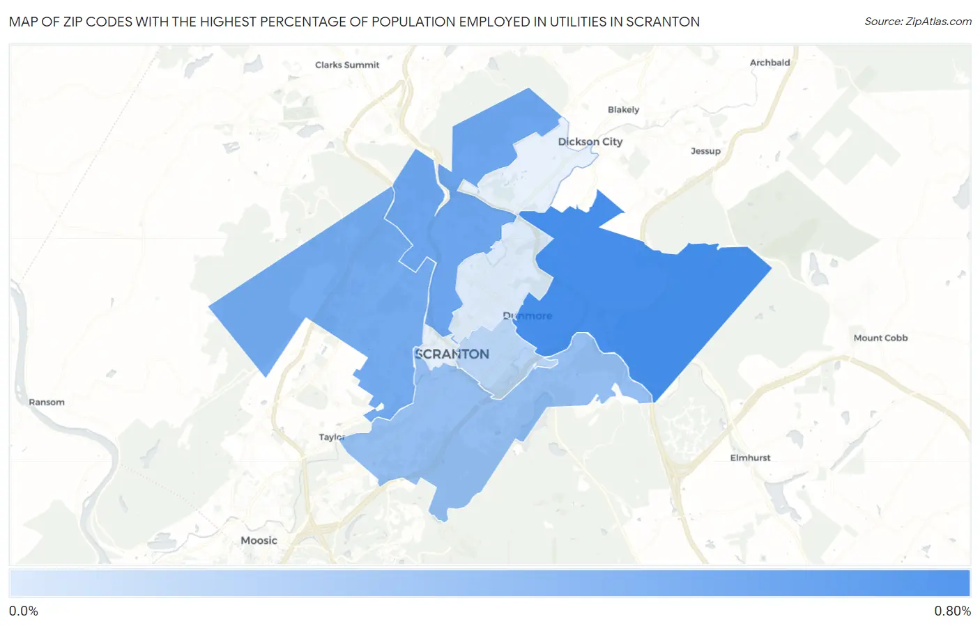 Zip Codes with the Highest Percentage of Population Employed in Utilities in Scranton Map