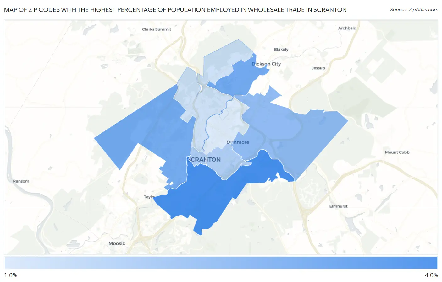 Zip Codes with the Highest Percentage of Population Employed in Wholesale Trade in Scranton Map