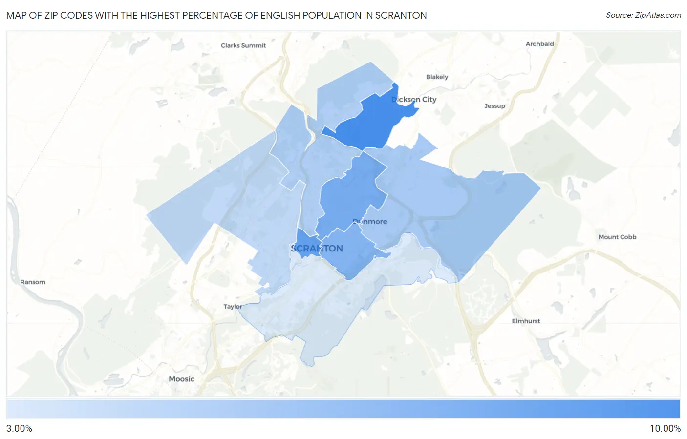 Zip Codes with the Highest Percentage of English Population in Scranton Map
