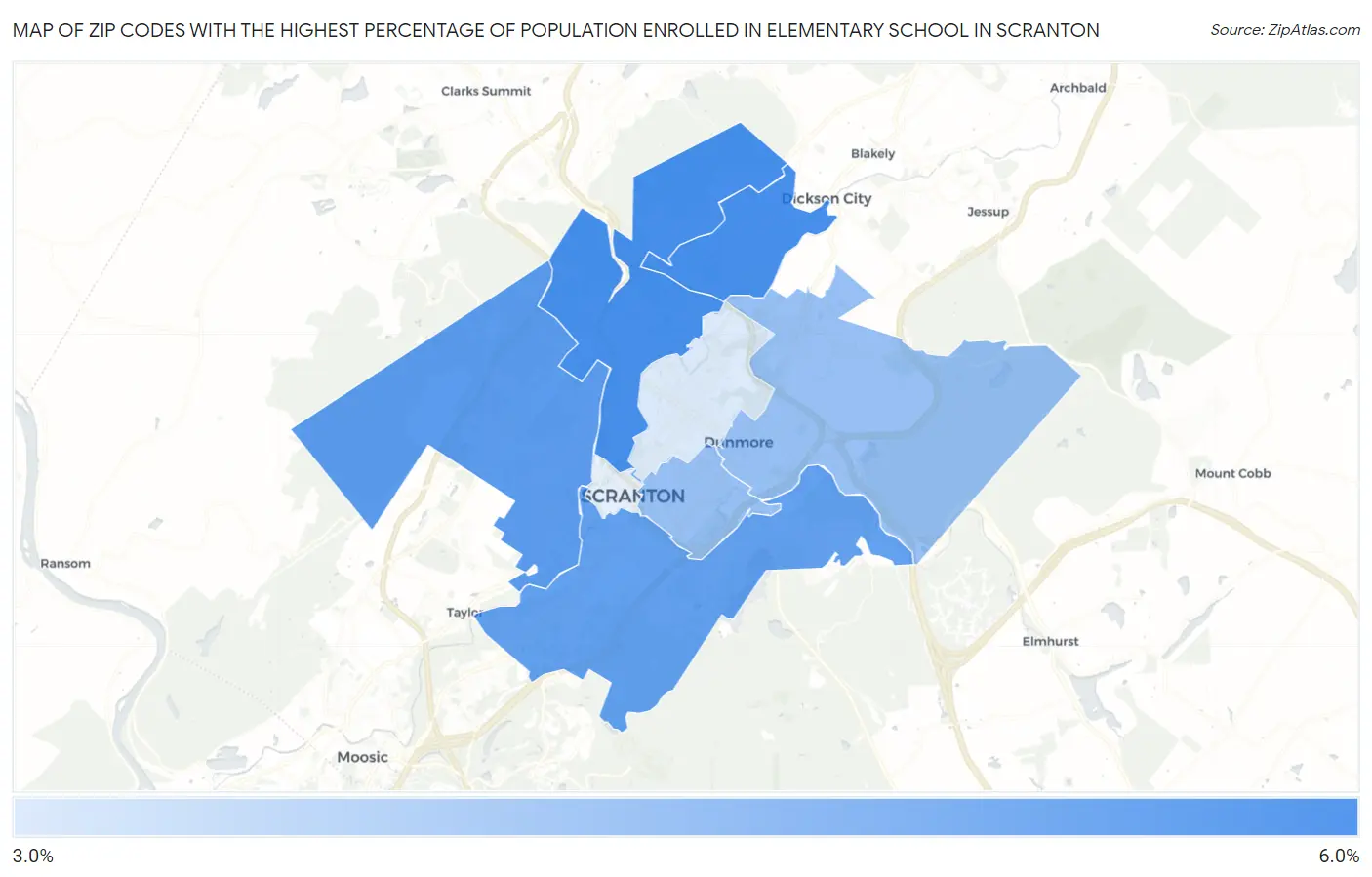 Zip Codes with the Highest Percentage of Population Enrolled in Elementary School in Scranton Map
