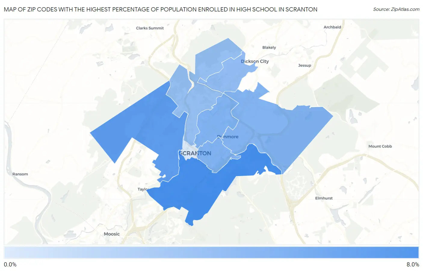Zip Codes with the Highest Percentage of Population Enrolled in High School in Scranton Map