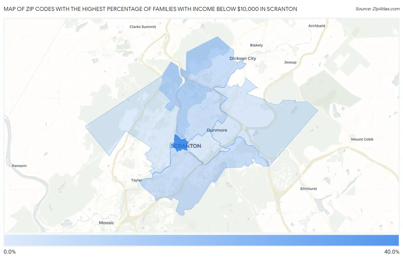 Zip Codes with the Highest Percentage of Families with Income Below $10,000 in Scranton Map