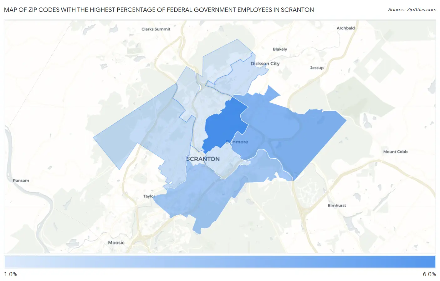 Zip Codes with the Highest Percentage of Federal Government Employees in Scranton Map