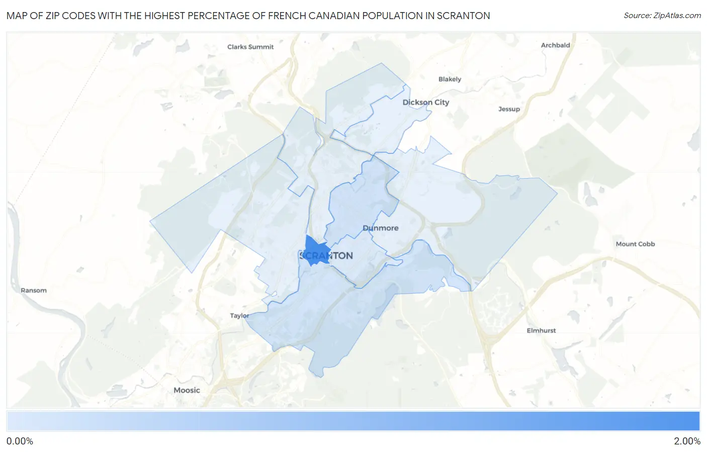 Zip Codes with the Highest Percentage of French Canadian Population in Scranton Map