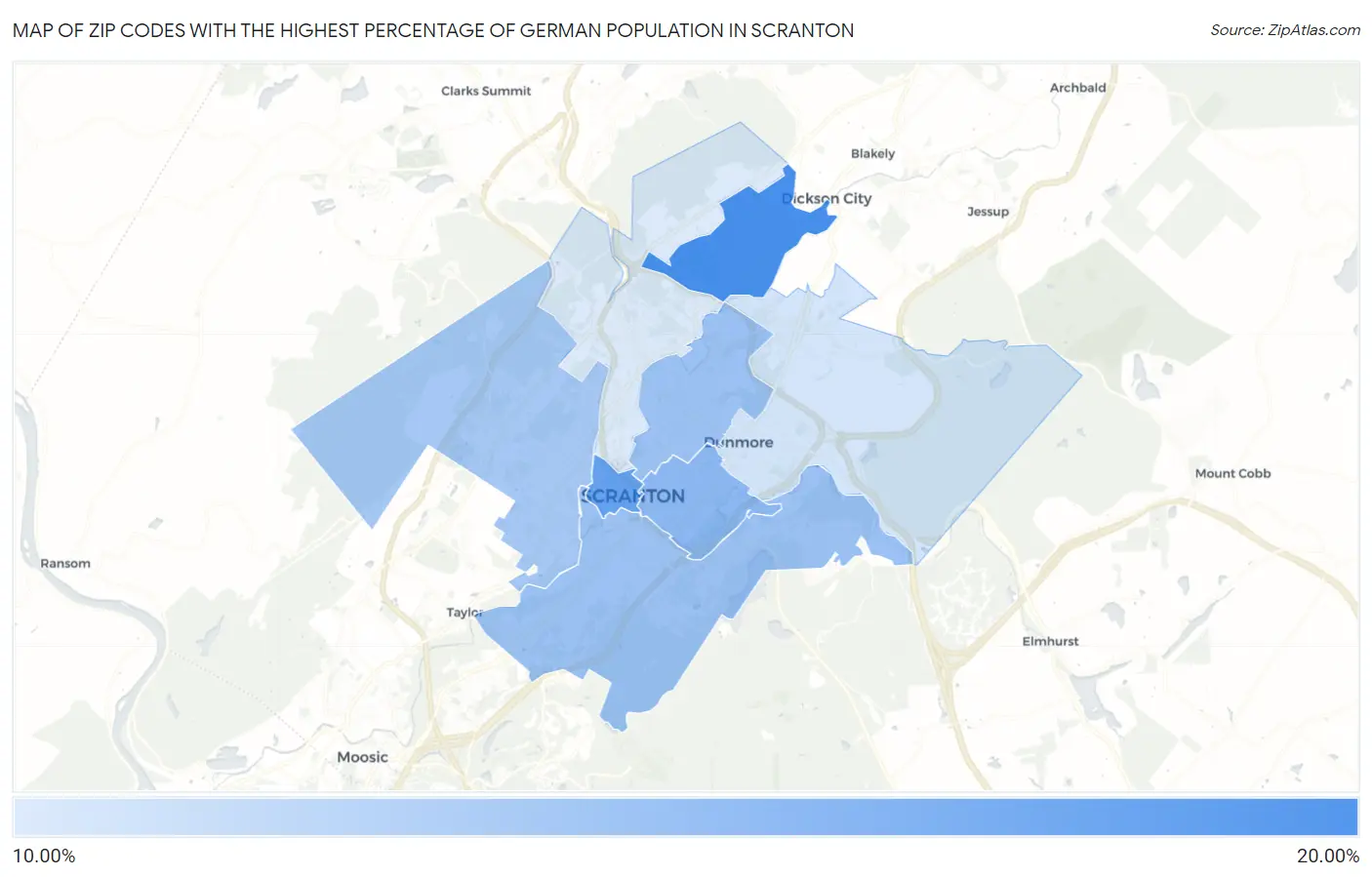 Zip Codes with the Highest Percentage of German Population in Scranton Map