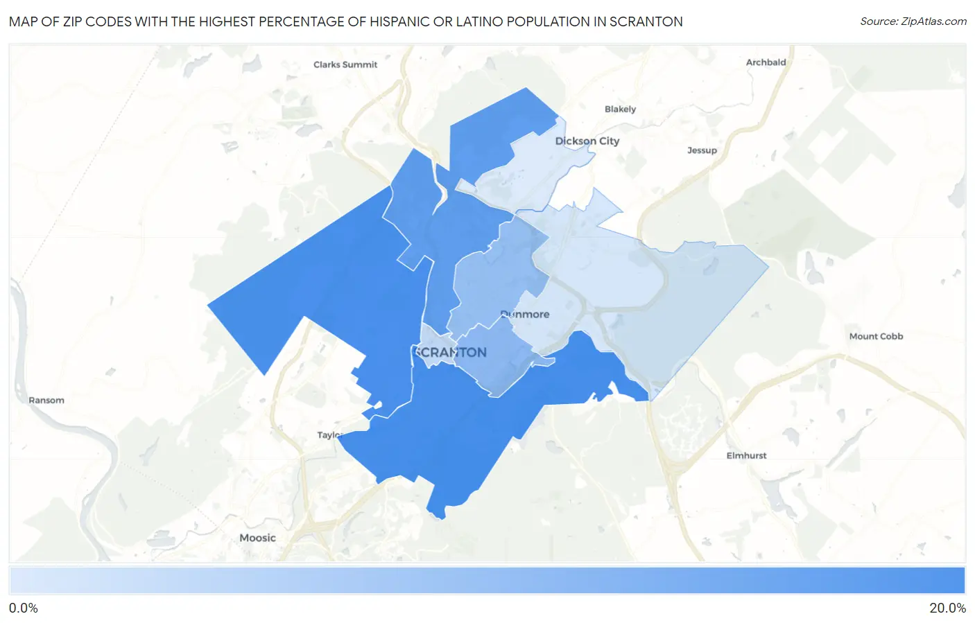Zip Codes with the Highest Percentage of Hispanic or Latino Population in Scranton Map