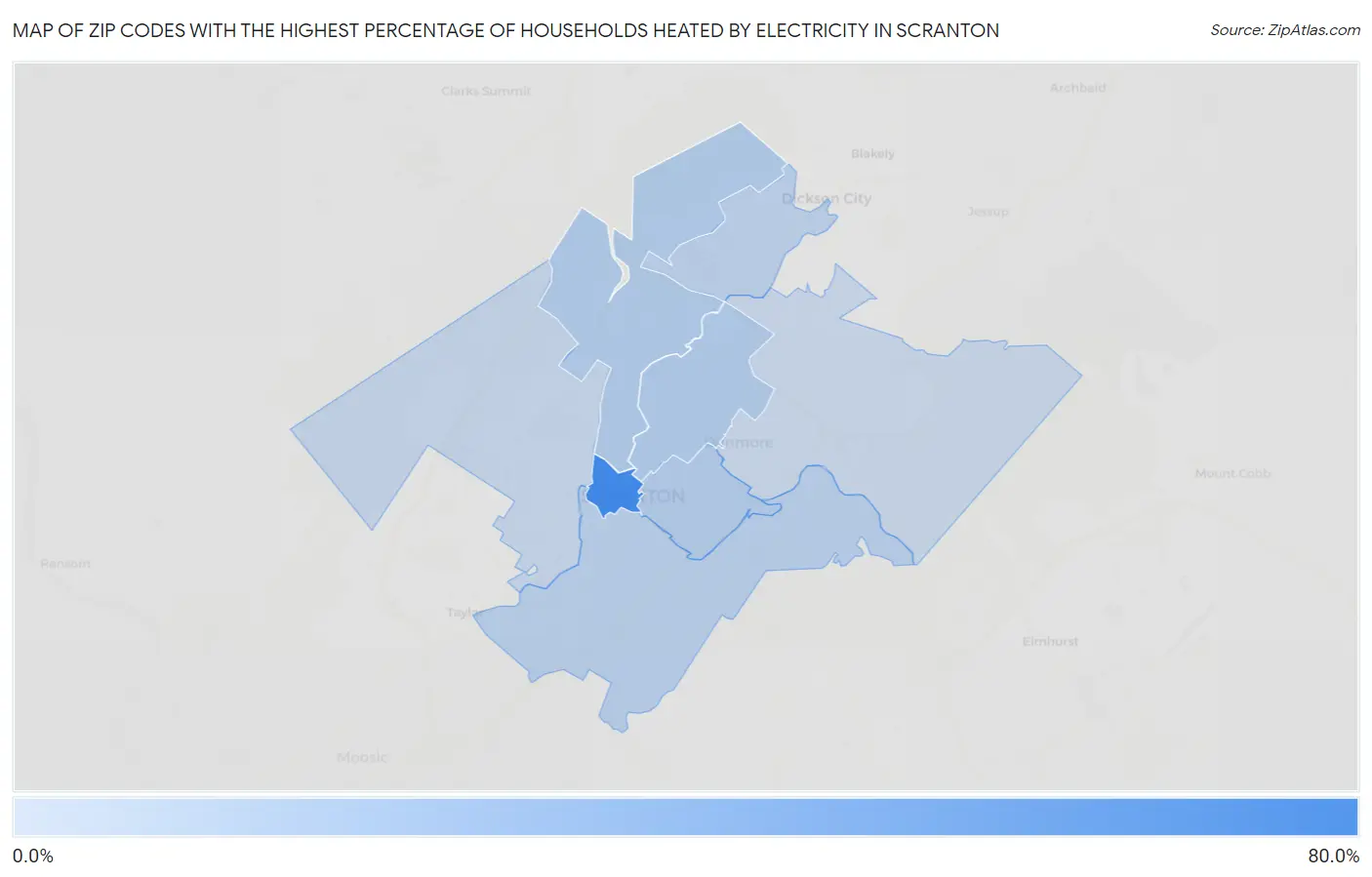 Zip Codes with the Highest Percentage of Households Heated by Electricity in Scranton Map