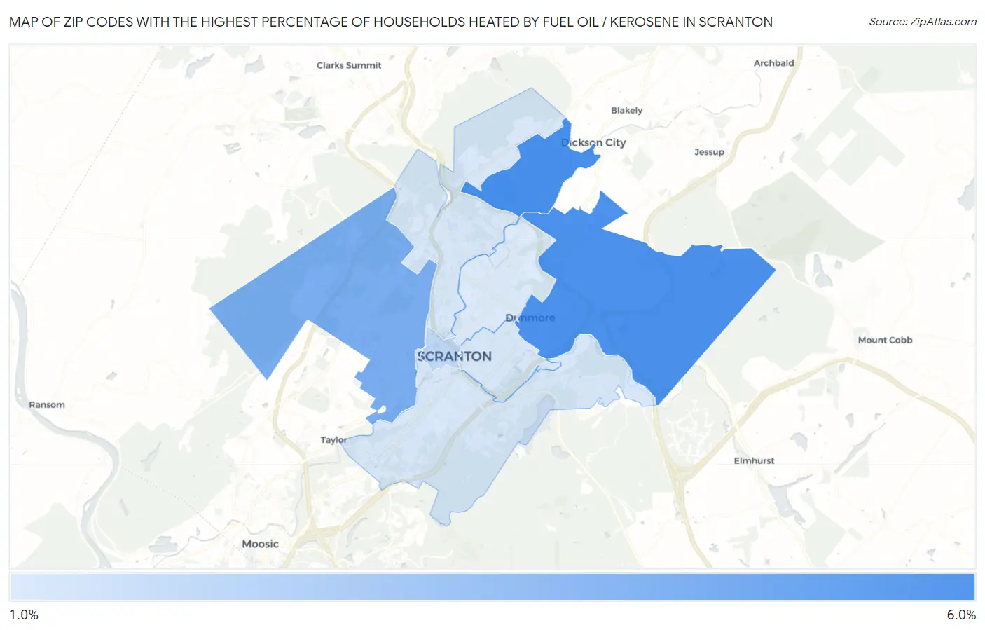 Zip Codes with the Highest Percentage of Households Heated by Fuel Oil / Kerosene in Scranton Map
