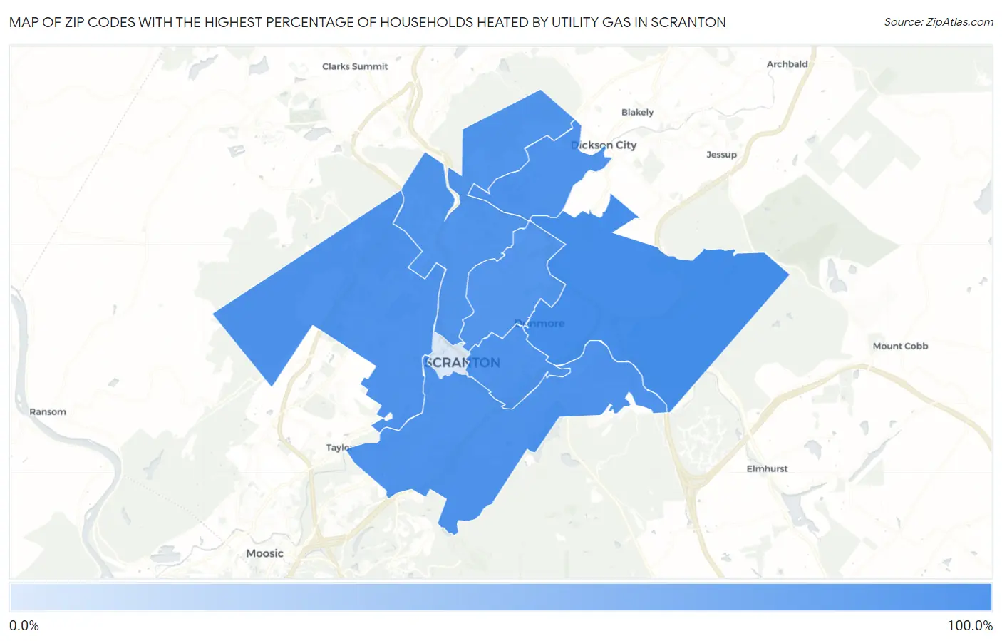 Zip Codes with the Highest Percentage of Households Heated by Utility Gas in Scranton Map
