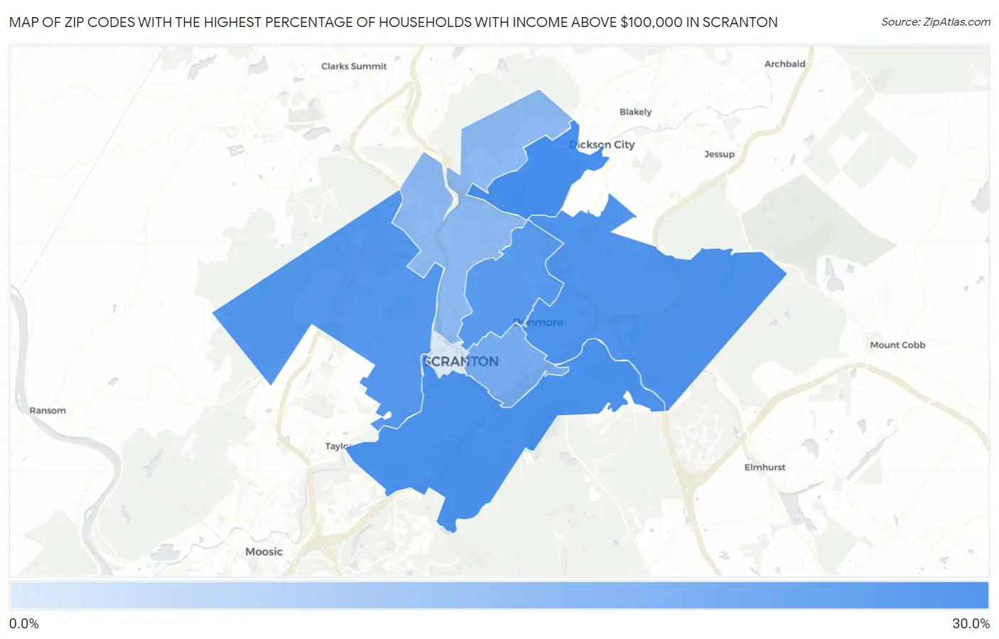 Zip Codes with the Highest Percentage of Households with Income Above $100,000 in Scranton Map