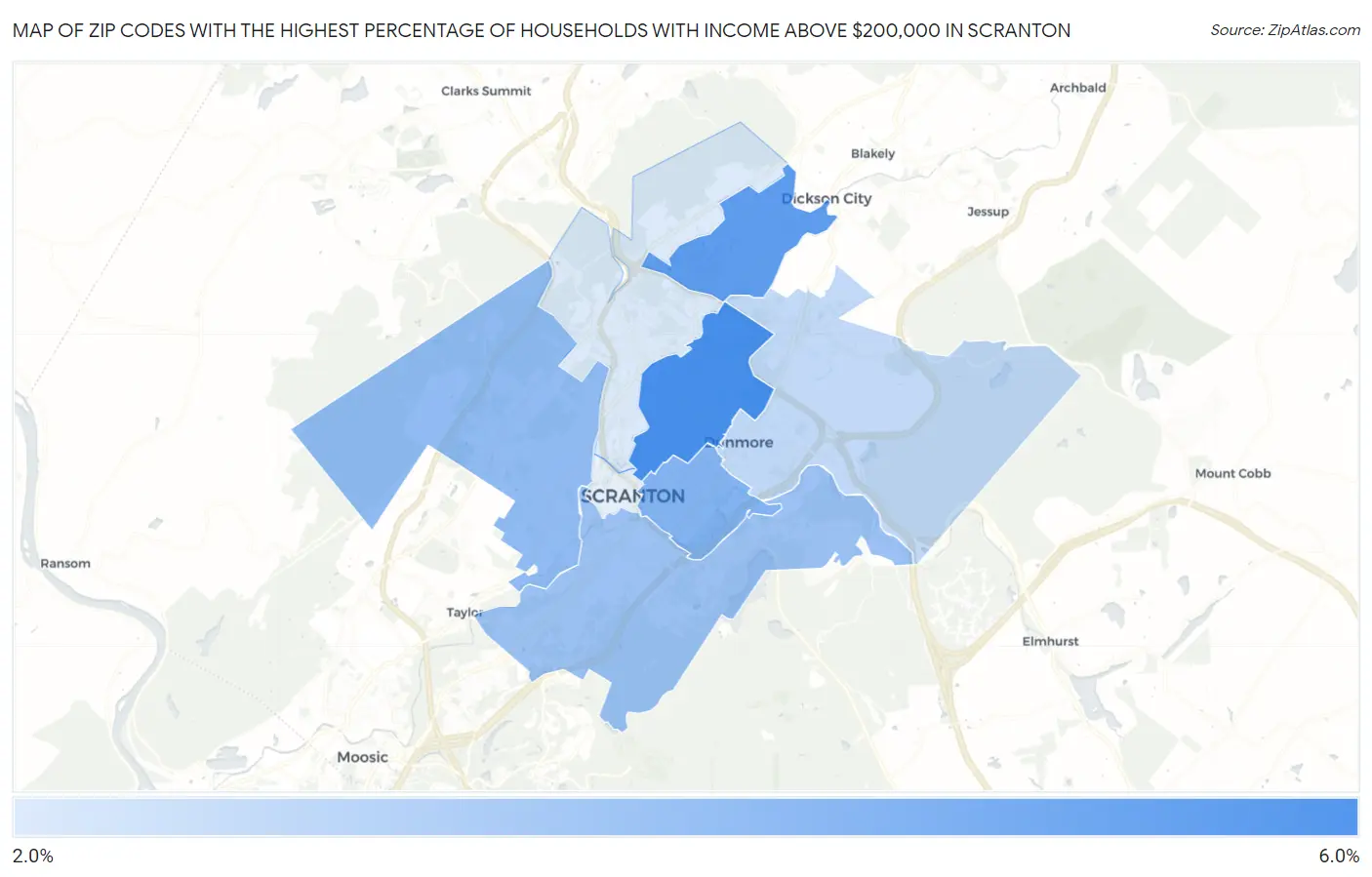 Zip Codes with the Highest Percentage of Households with Income Above $200,000 in Scranton Map