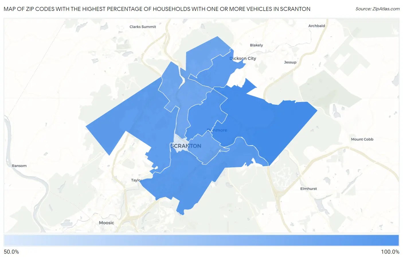 Zip Codes with the Highest Percentage of Households With One or more Vehicles in Scranton Map