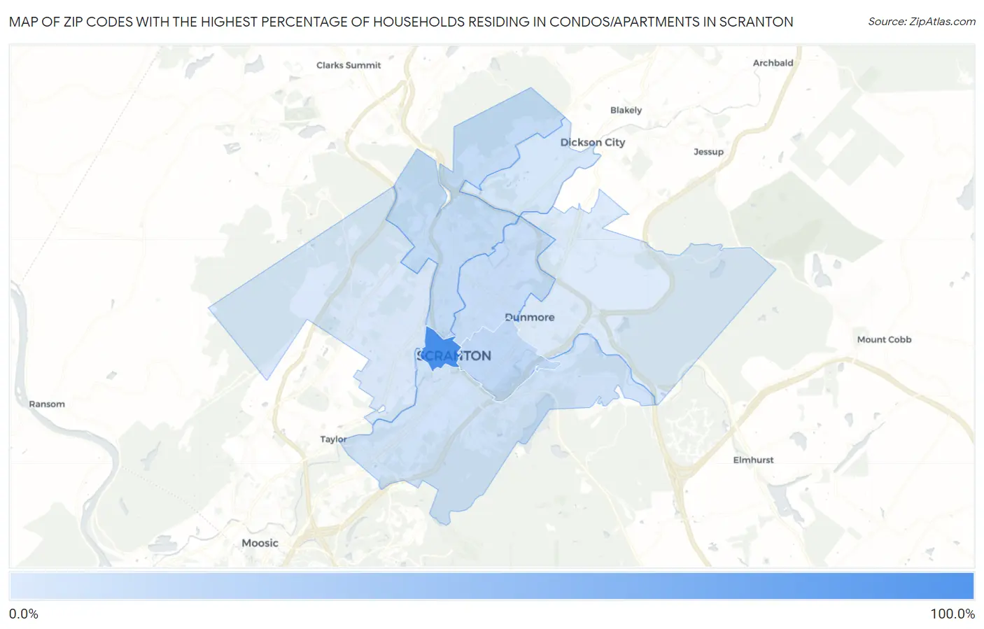 Zip Codes with the Highest Percentage of Households Residing in Condos/Apartments in Scranton Map