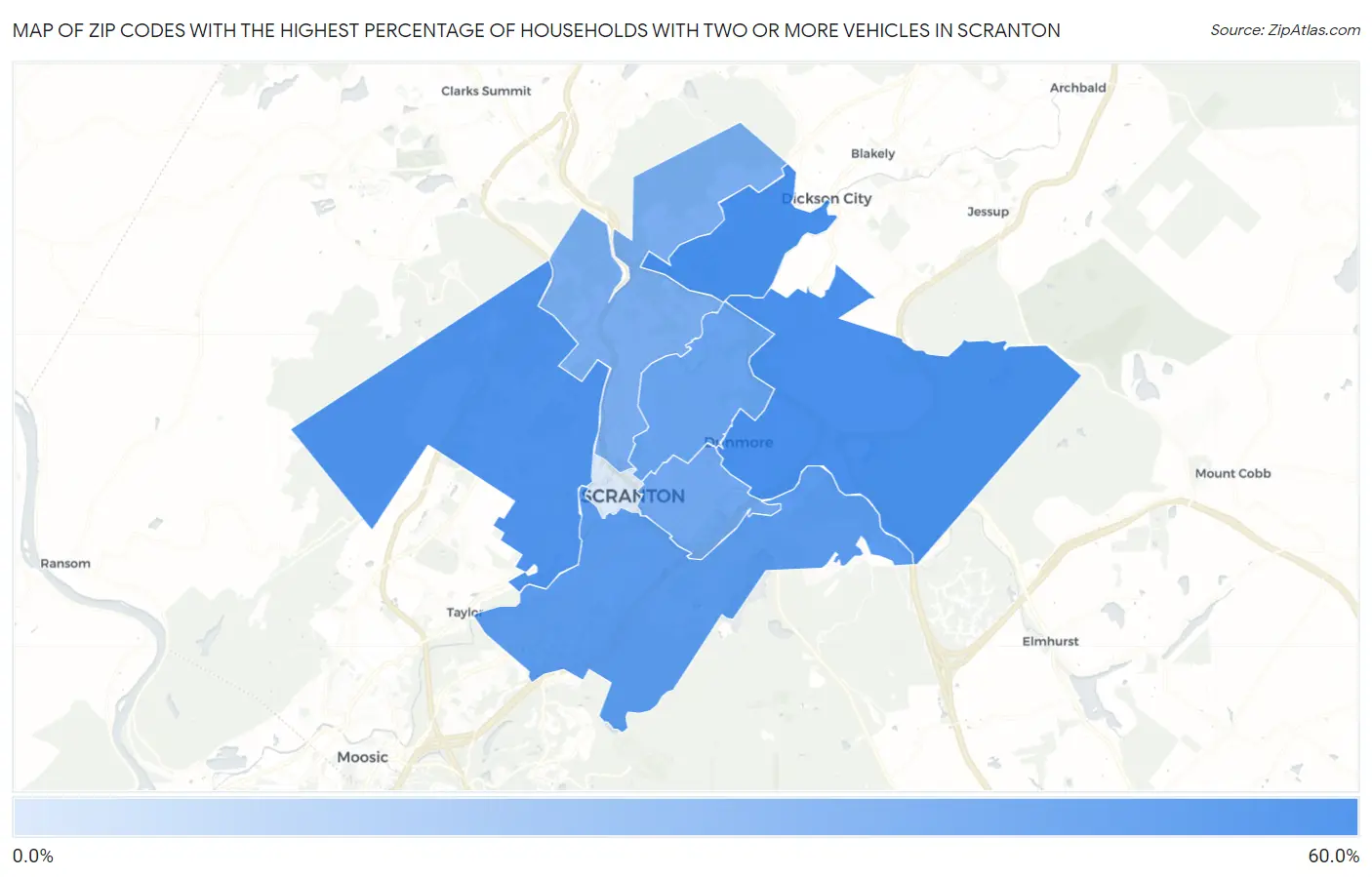 Zip Codes with the Highest Percentage of Households With Two or more Vehicles in Scranton Map