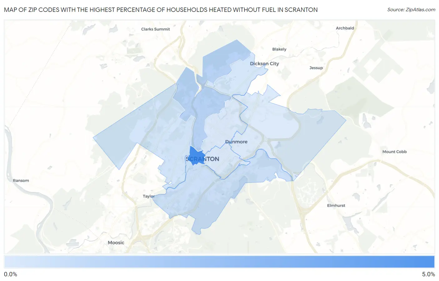 Zip Codes with the Highest Percentage of Households Heated without Fuel in Scranton Map