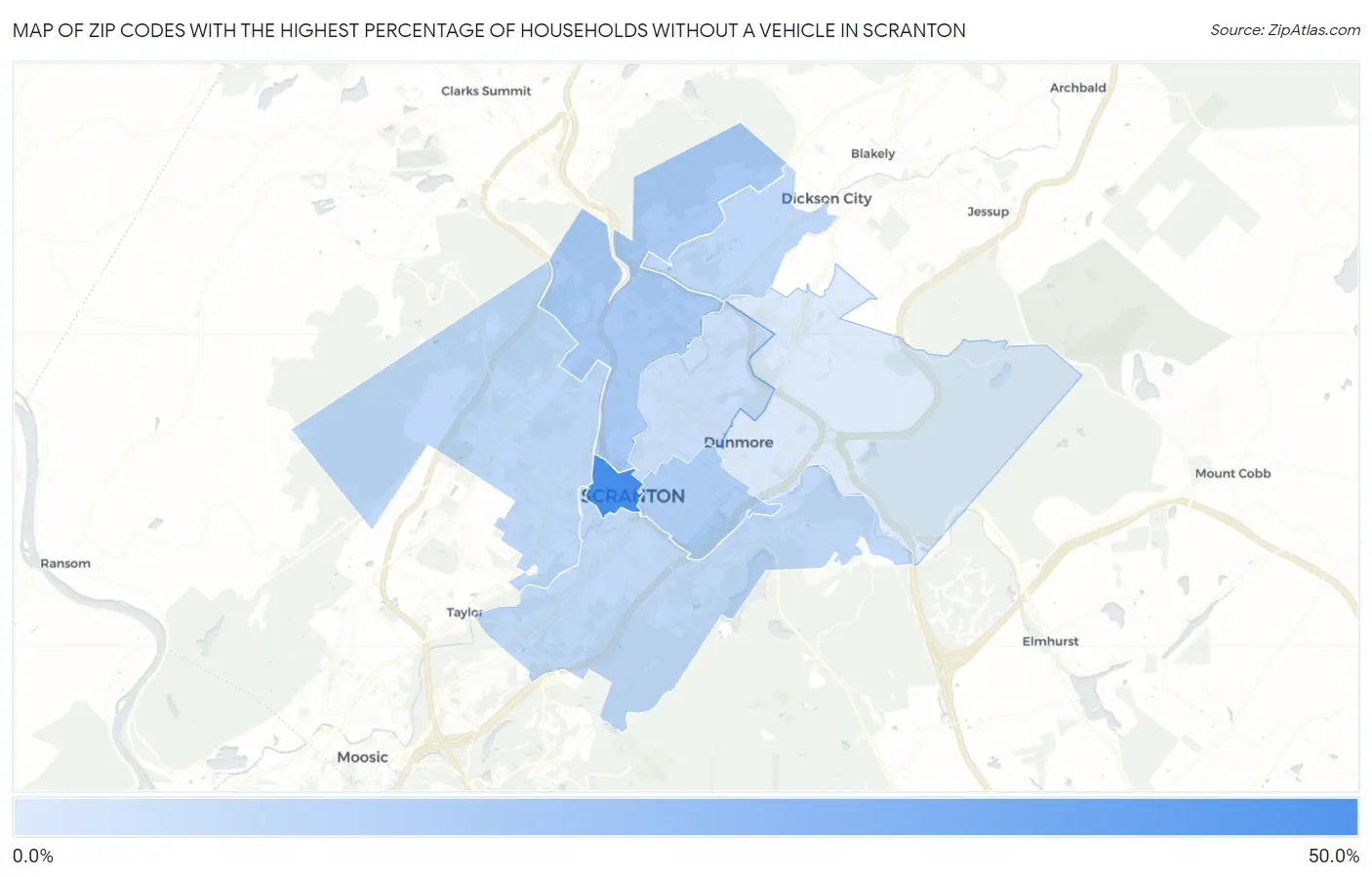 Zip Codes with the Highest Percentage of Households Without a Vehicle in Scranton Map